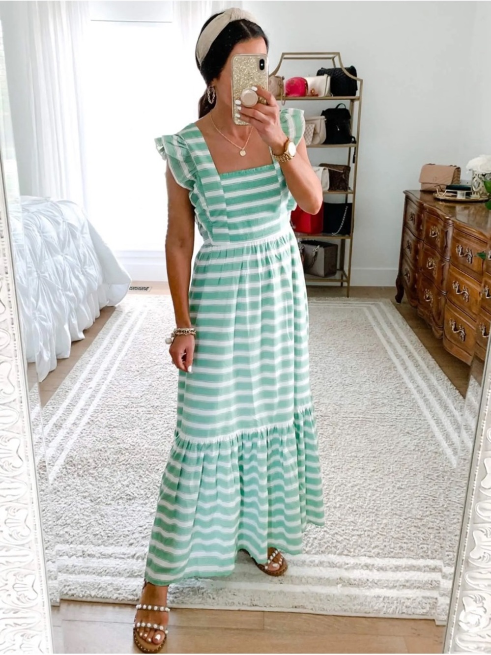 Ann Taylor Green White Striped Smocked Tiered Maxi Dress Ruffle Shoulders Size 6